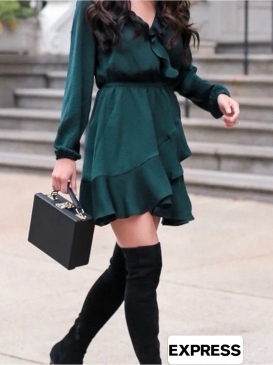 Express Dresses & Skirts - Express Emerald Green Ruffle Long-Sleeve Mini Dress